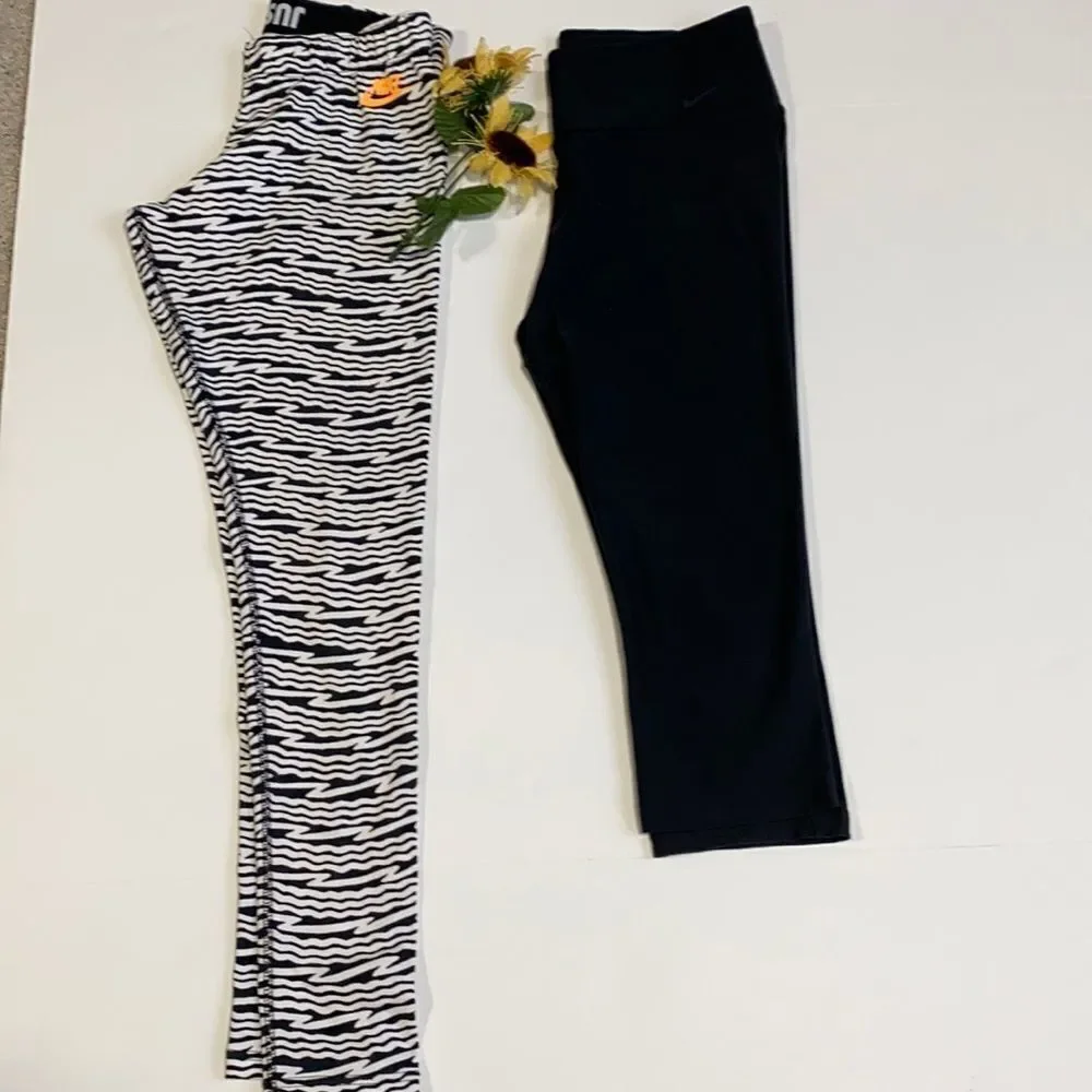 Bundle Of 2 Nike Leggings 7/8 & Ankle Length Black Solid & Zebra Animal‎ Print M